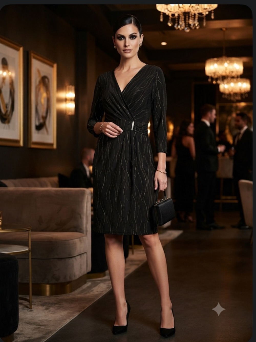 Kasper Black/Gold Metallic Dot Ruched Faux Wrap Sheath Dress NWT Size XL